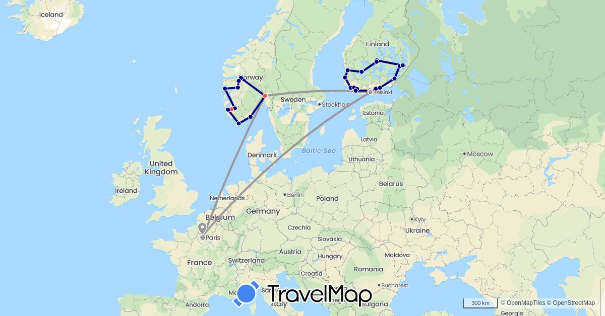 TravelMap itinerary: driving, plane, hiking in Finland, France, Norway (Europe)